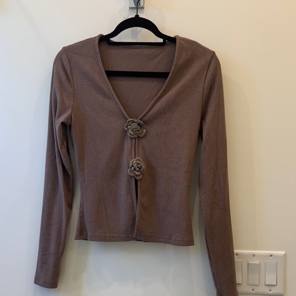 Brown Long Sleeve Cardigan with Floral Buttons
